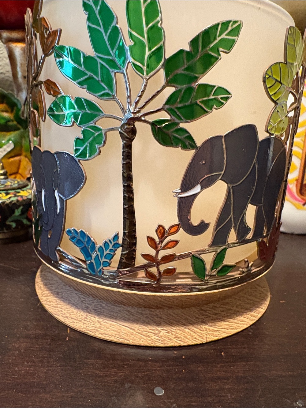 Bath & Body Works Elephant Jungle enameled metal Candle Holder with Wooden Base - Picture 4 of 15